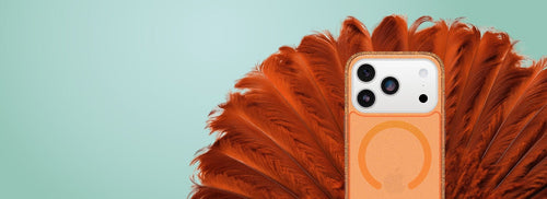 Orange glitter OtterBox Encore phone case for iPhone 17 Pro Max with an orange fan and teal background