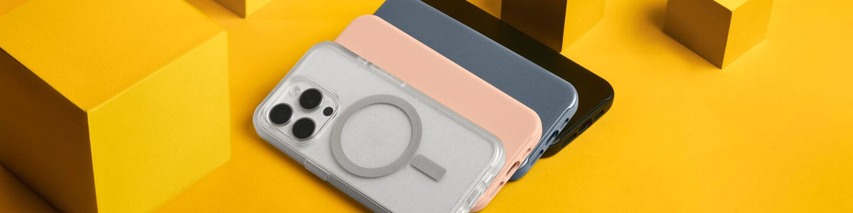 Variety of clear and solid colored OtterBox iPhone 15 Pro cases on a yellow background