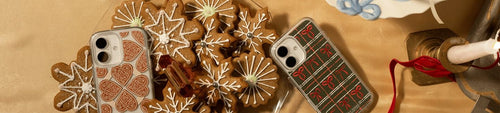 Holiday themed OtterBox phone cases on iPhone 17 with holiday cookies