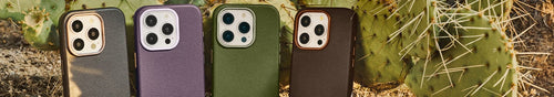 Colorful OtterBox Symmetry Series Cactus Leather iPhone cases on a desert background