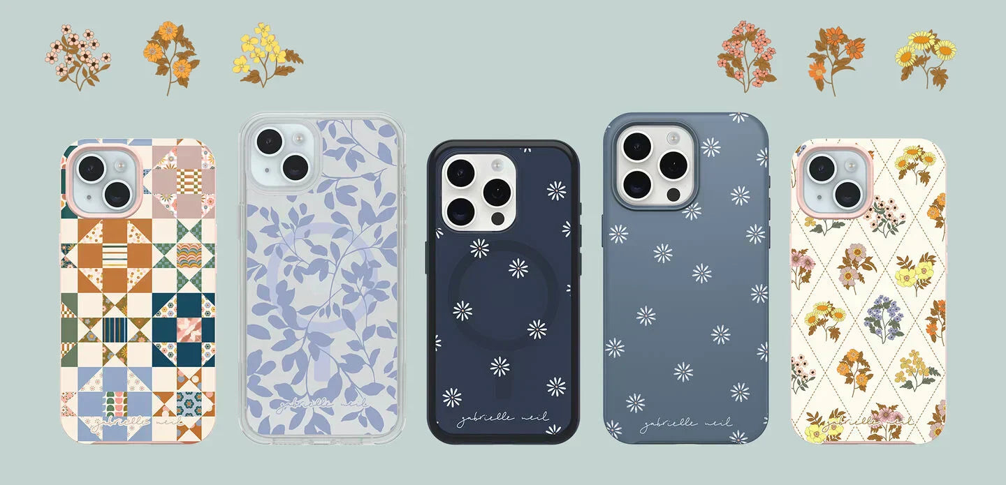 Variety of iPhone 16 and iPhone 15 series phones in protective and stylish OtterBox floral phone cases