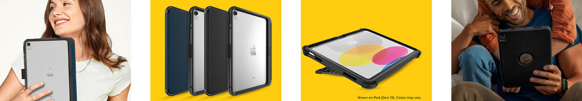 Four boxes with yellow backgrounds showing iPad cases being utilized