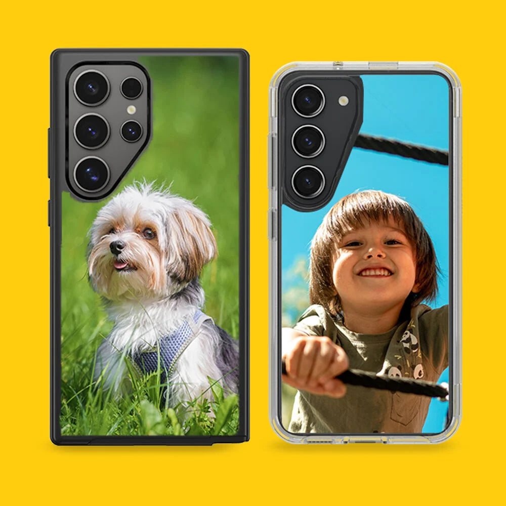 Two phone cases with a dog and a child on a yellow background