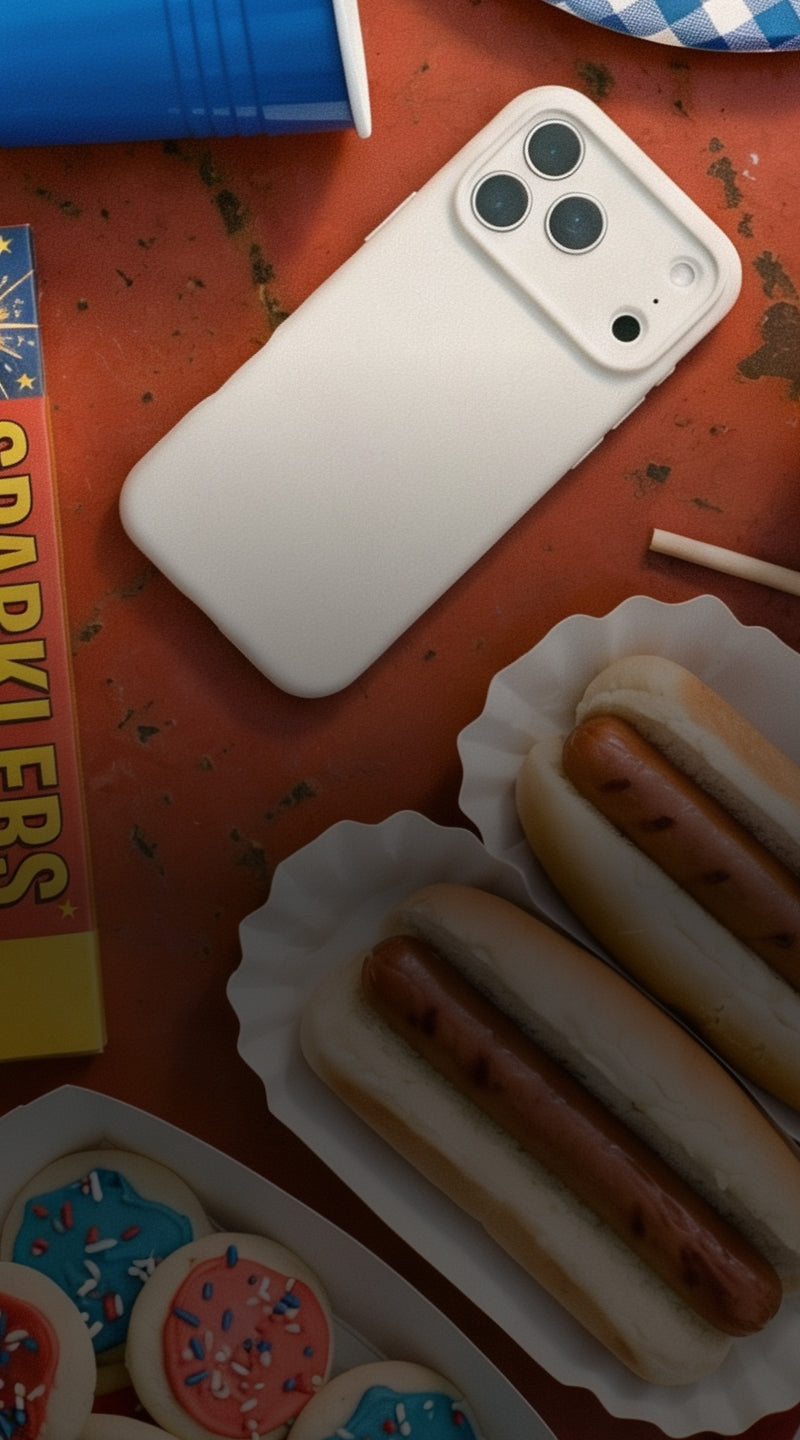 Phone case on a table with hot dogs, cookies, and a box of sparklers.