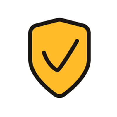 Yellow shield icon with a black check mark on a white background