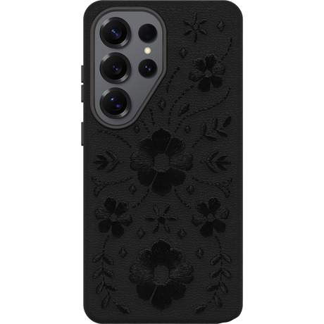 Black phone case with floral embossing on a white background