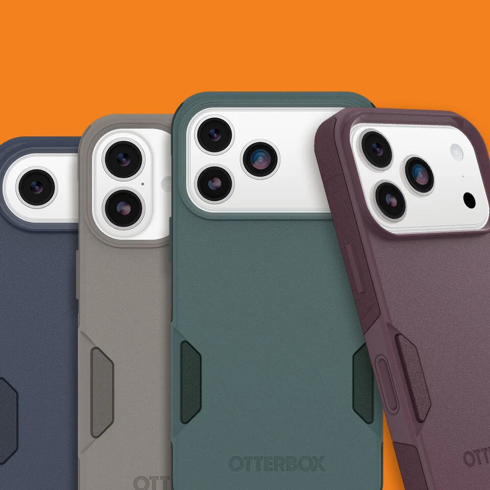 Four phone cases from different angles on a gradient orange background, featuring the OtterBox brand.