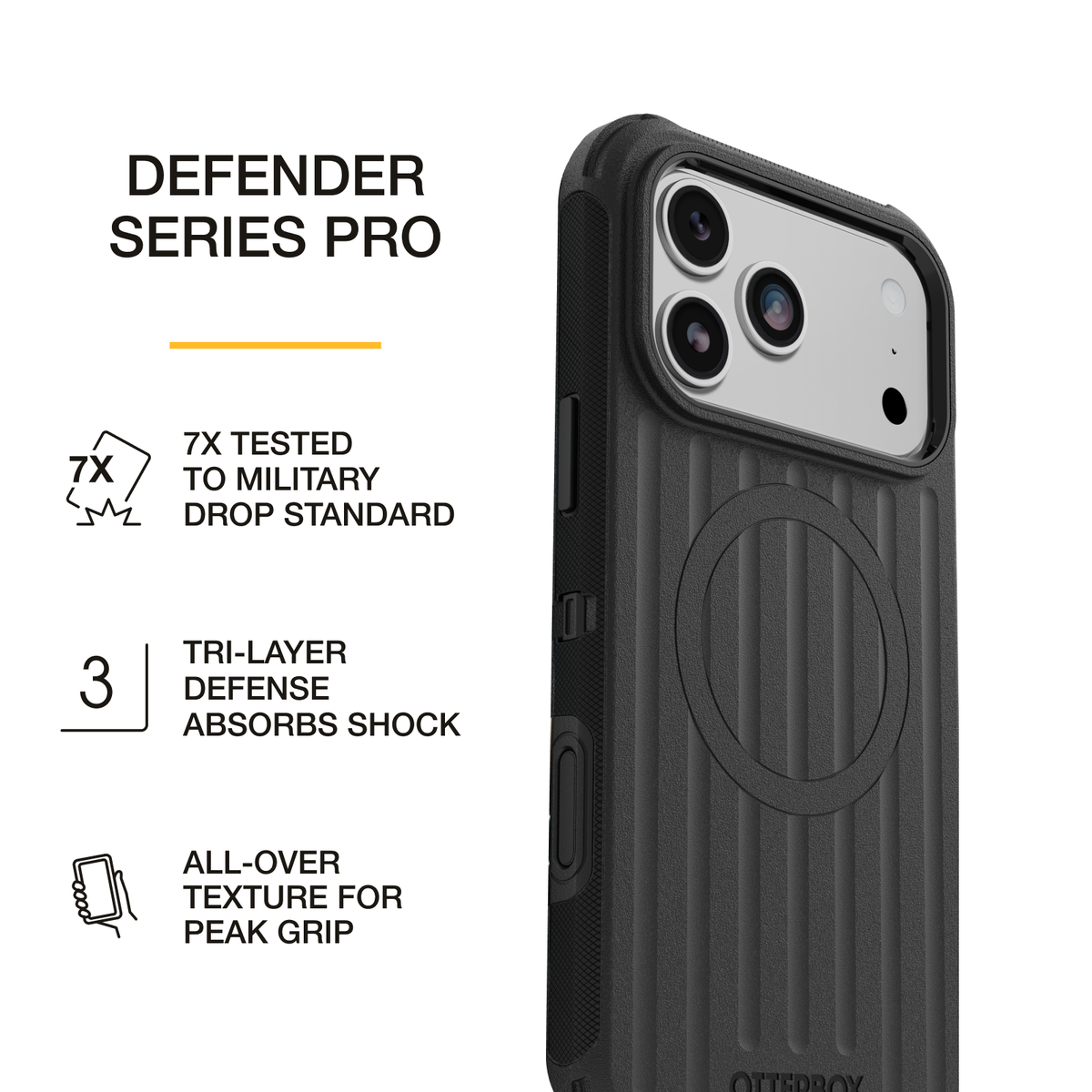 OtterBox Defender Series Pro phone case in black, featuring 7X military-standard drop protection, a tri-layer design that absorbs shock, and a textured surface for enhanced grip.
