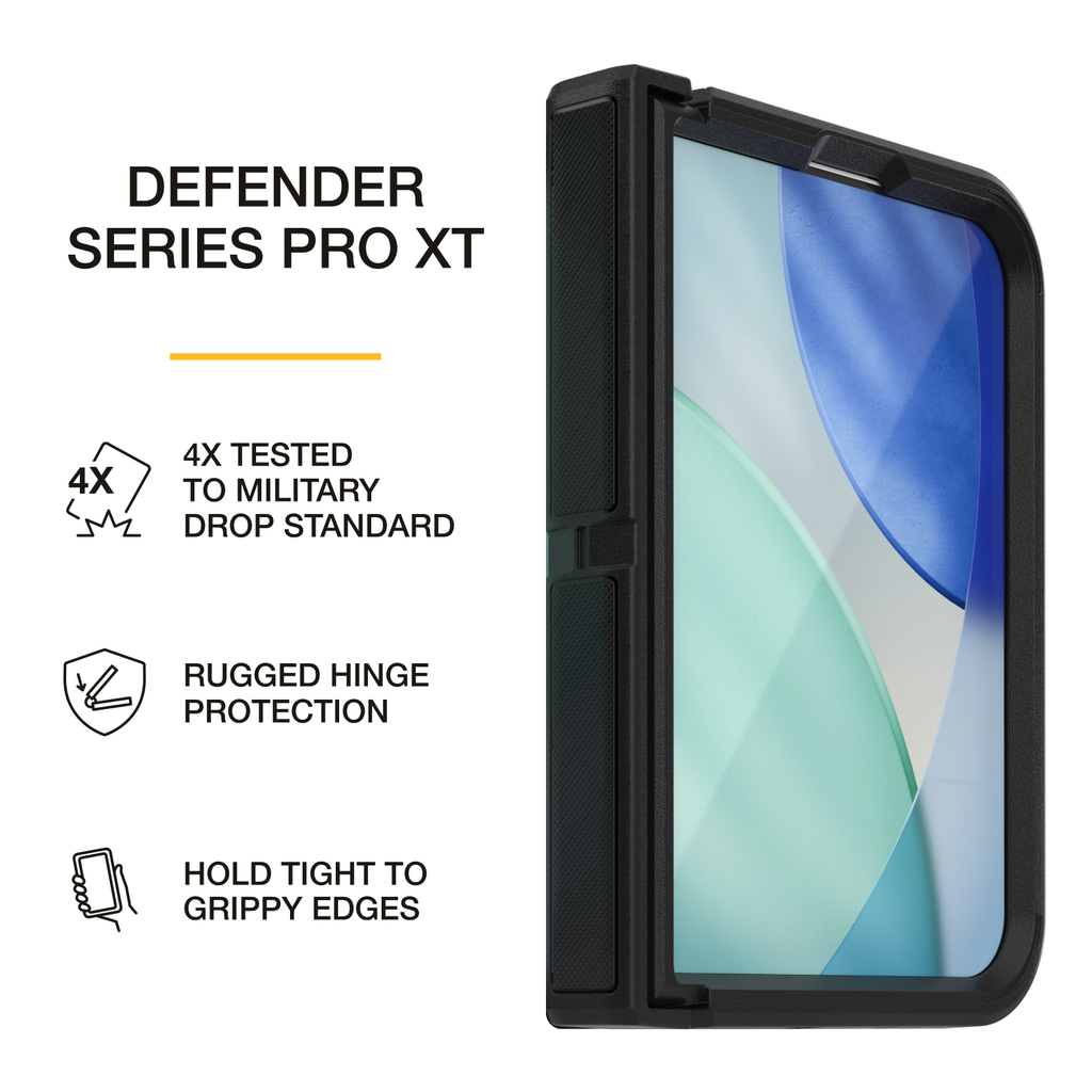 OtterBox Defender Series Pro XT for iPhone duo phone case in black, featuring 4X military-standard drop protection, rugged hinge protection, and textured edges for a secure grip.