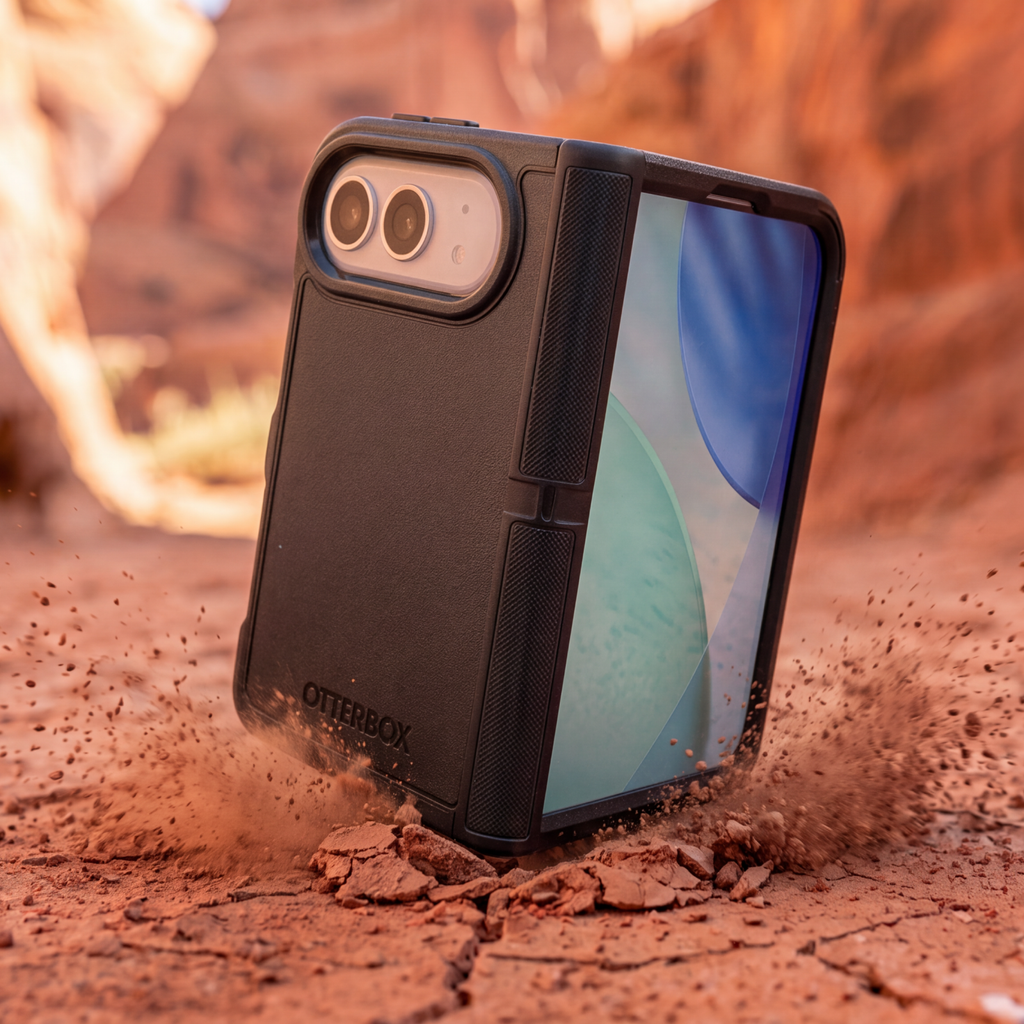 Black OtterBox defender case hitting red rocks showcasing drop defense and rugged protection 