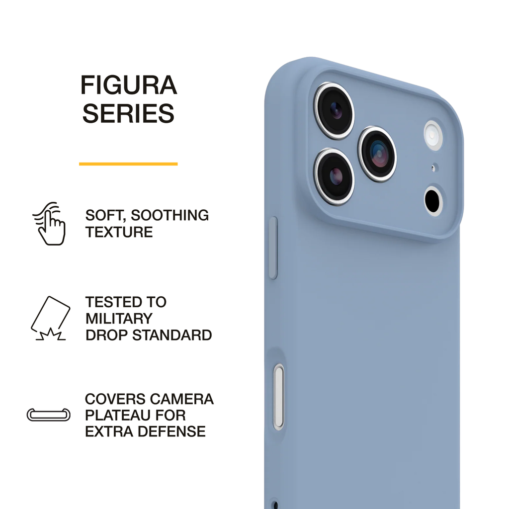Blue OtterBox Figura Series phone case featuring a soft, soothing texture, military-standard drop protection, and a camera plateau for added lens protection.