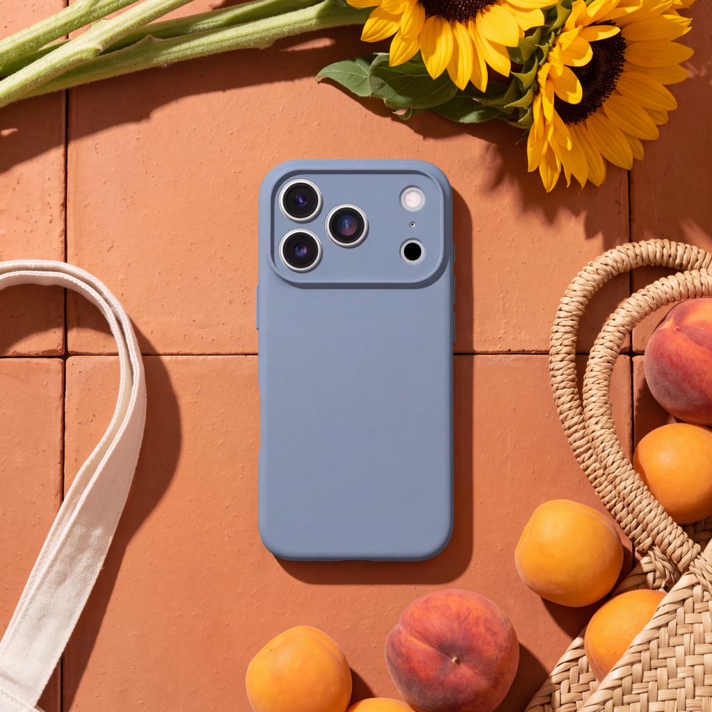 Blue OtterBox Figura Series phone case displayed on a terracotta surface alongside sunflowers, apricots, peaches, and a woven tote bag, highlighting its soft-touch design.