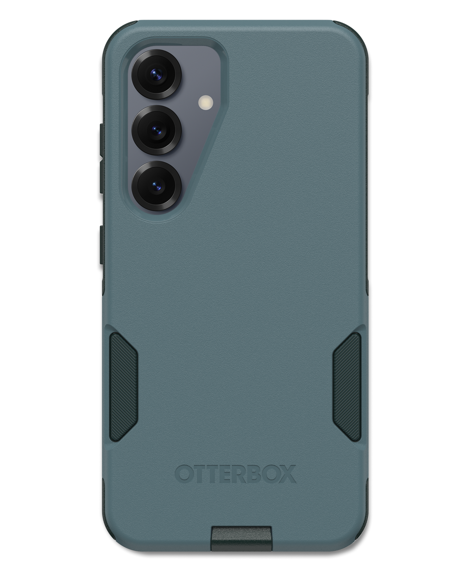 Blue phone case with black accents on a white background