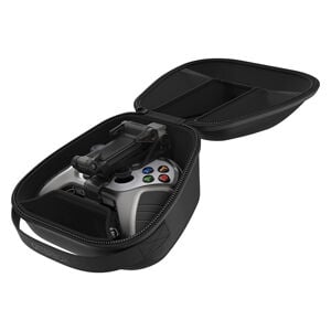 Black carrying case with a gaming controller inside on a white background