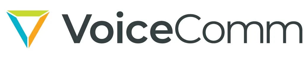 VoiceComm logo with a colorful triangle on a black background