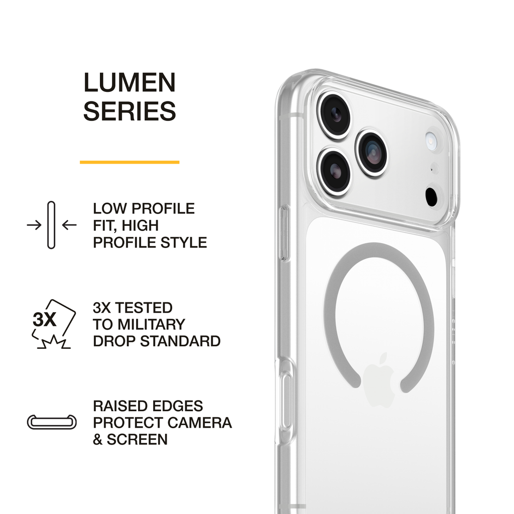 OtterBox Lumen Series clear case on a white iPhone with graphics highlighting slim design, drop protection, and raised edges for camera and screen protection.