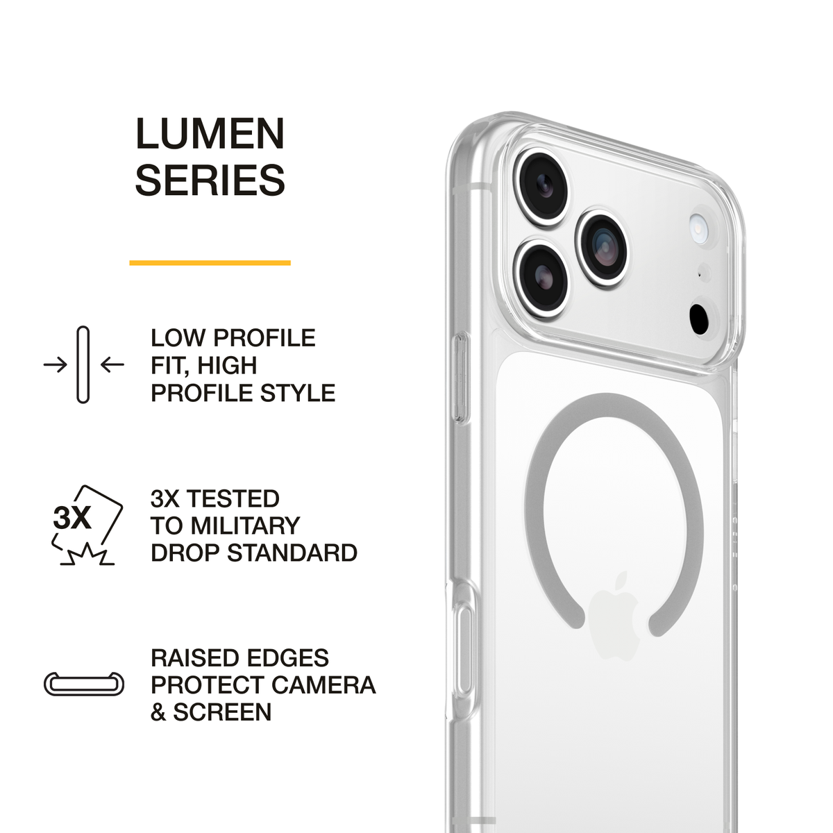 OtterBox Lumen Series clear case on a white iPhone with graphics highlighting slim design, drop protection, and raised edges for camera and screen protection.