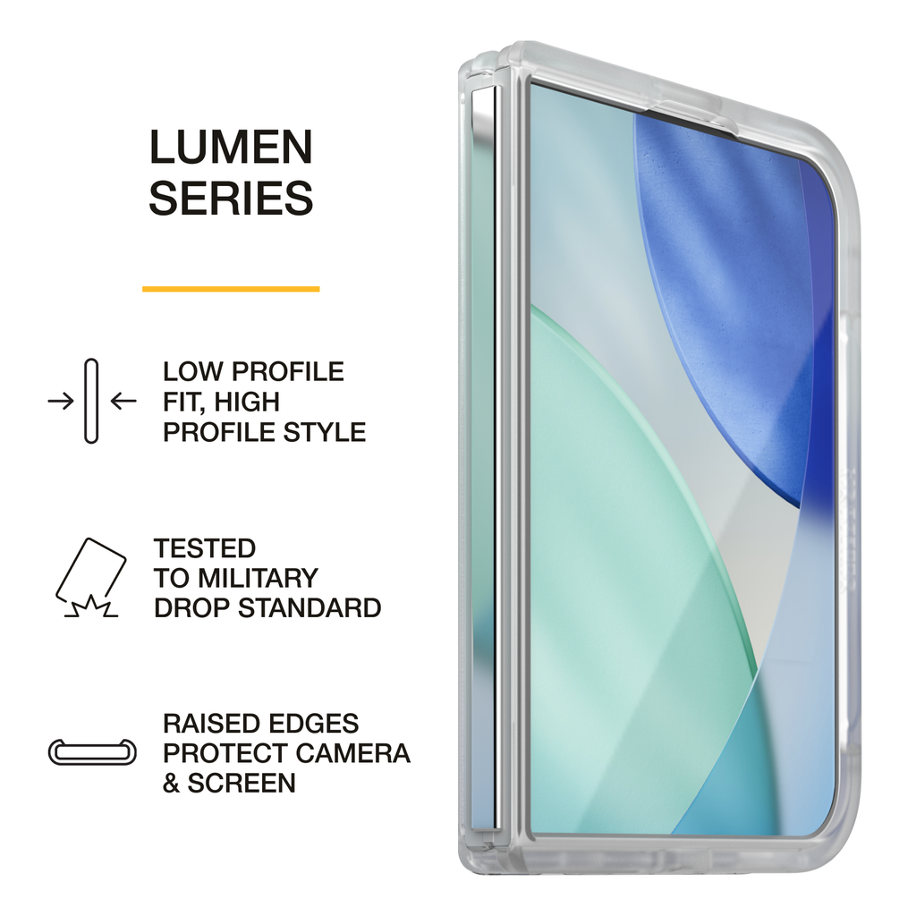 Clear OtterBox Lumen Series case for iPhone duo, featuring a slim profile, military-standard drop protection, and raised edges that help protect the camera and screen.