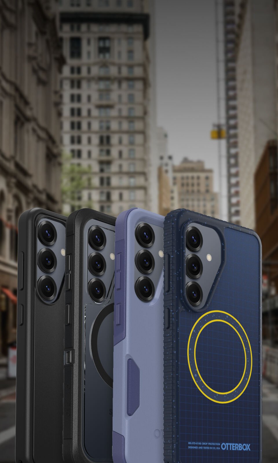 Four phone cases displayed against a cityscape background