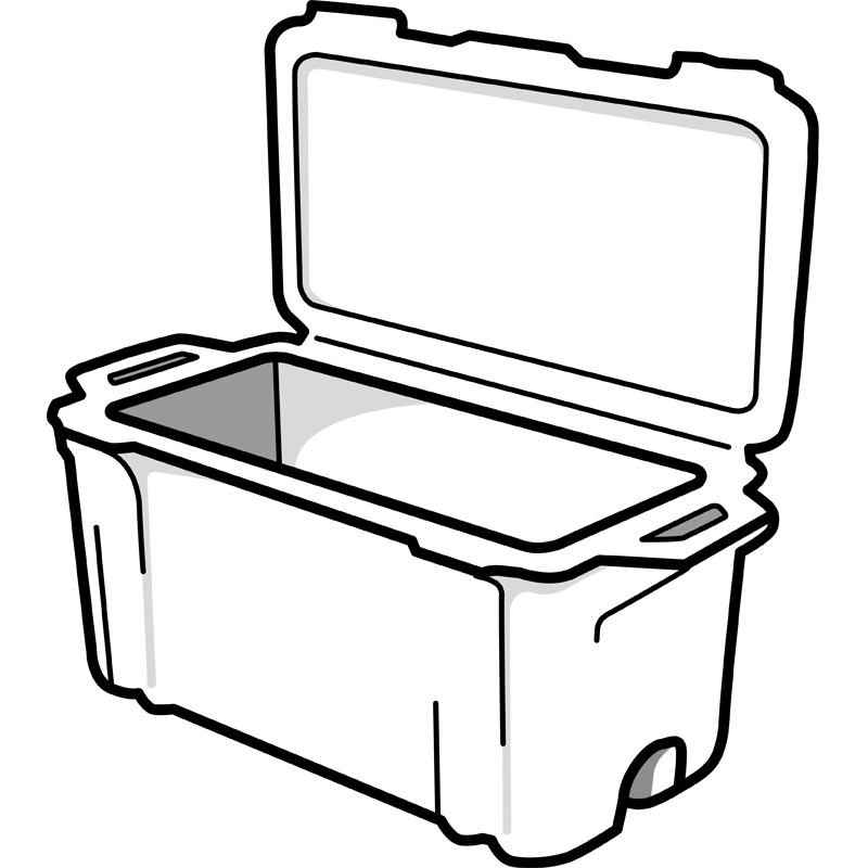 Black and white line drawing of an open cooler box