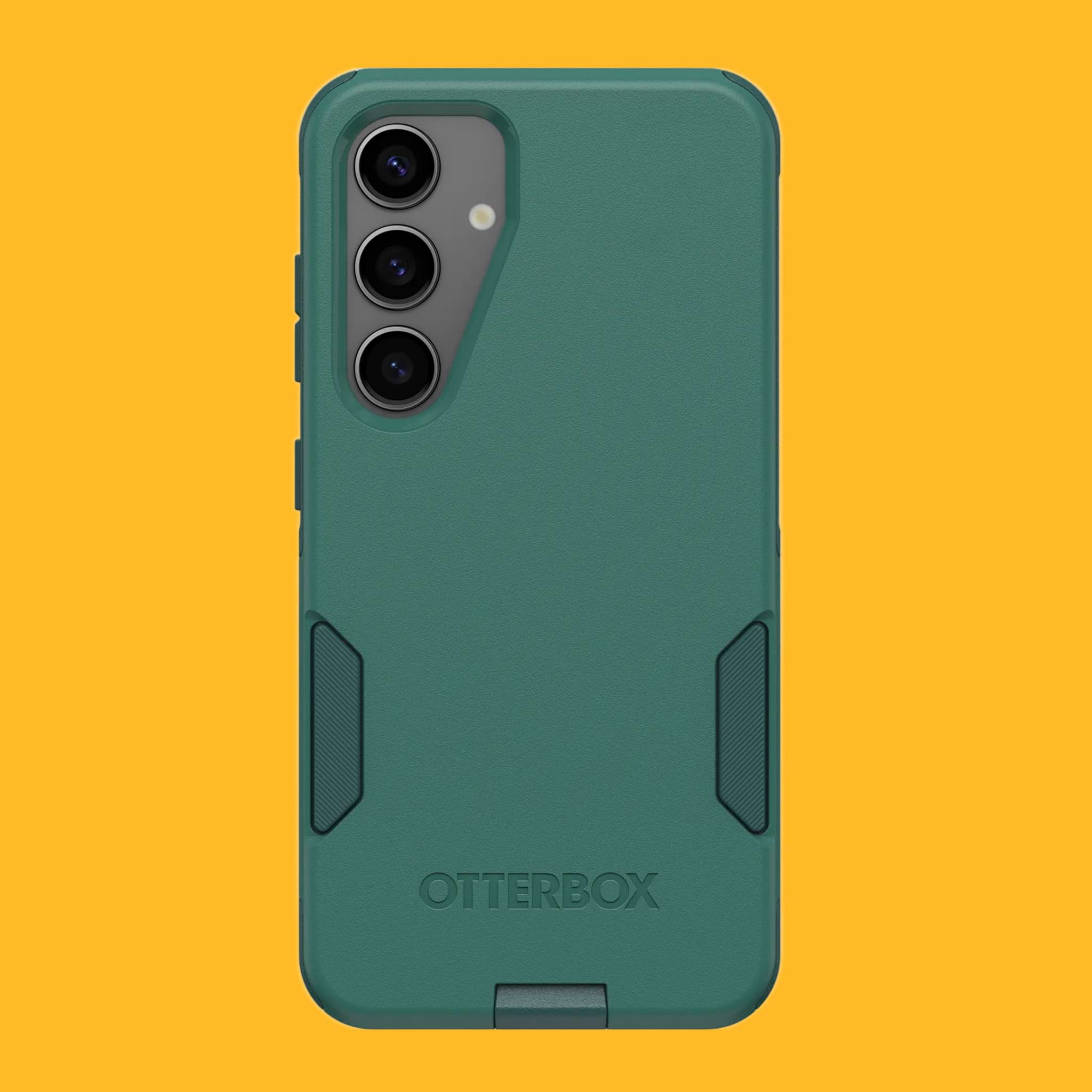 Galaxy phone in green OtterBox Commuter Series phone case on yellow background