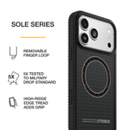 OtterBox Sole Series phone case featuring a removable finger loop, 5X military-standard drop protection, and textured edges for enhanced grip.
