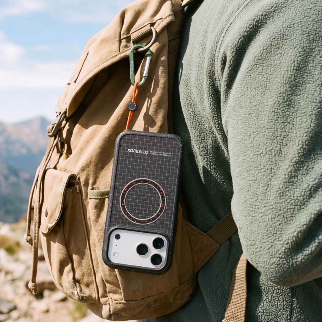 OtterBox Sole Series phone case attached to a hiking backpack with a removable finger loop, highlighting a secure carry option for outdoor adventures.