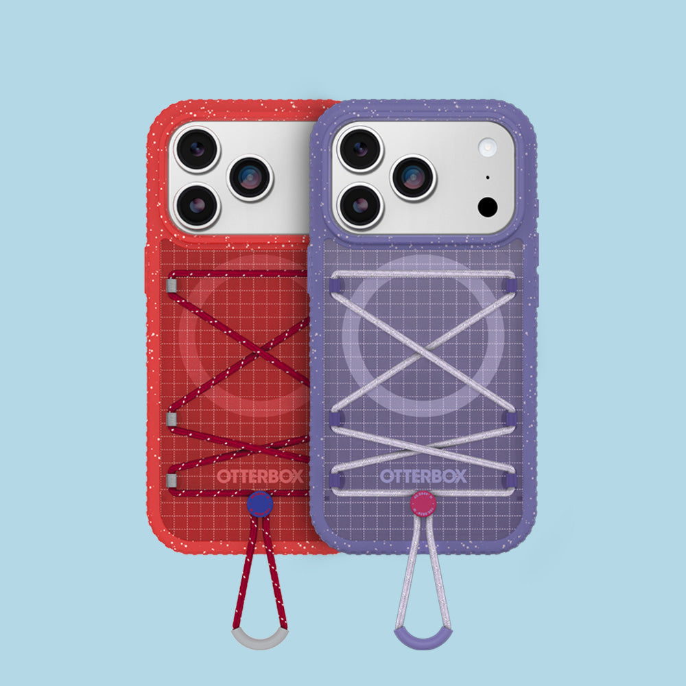 Two OtterBox phone cases shown on white phones against a light blue background. The left case is red with a grid pattern and red cord lacing, and the right case is purple with a grid pattern and white cord lacing.