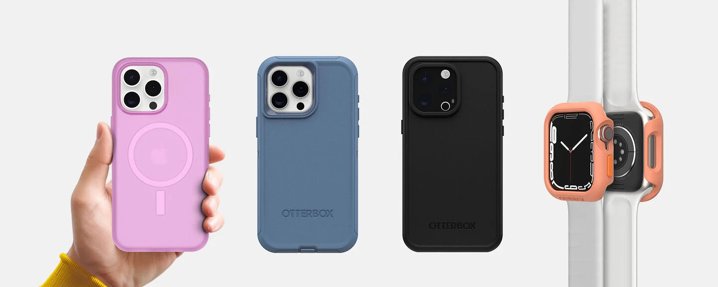 Four phone cases in different colors held by a hand, with a white background.