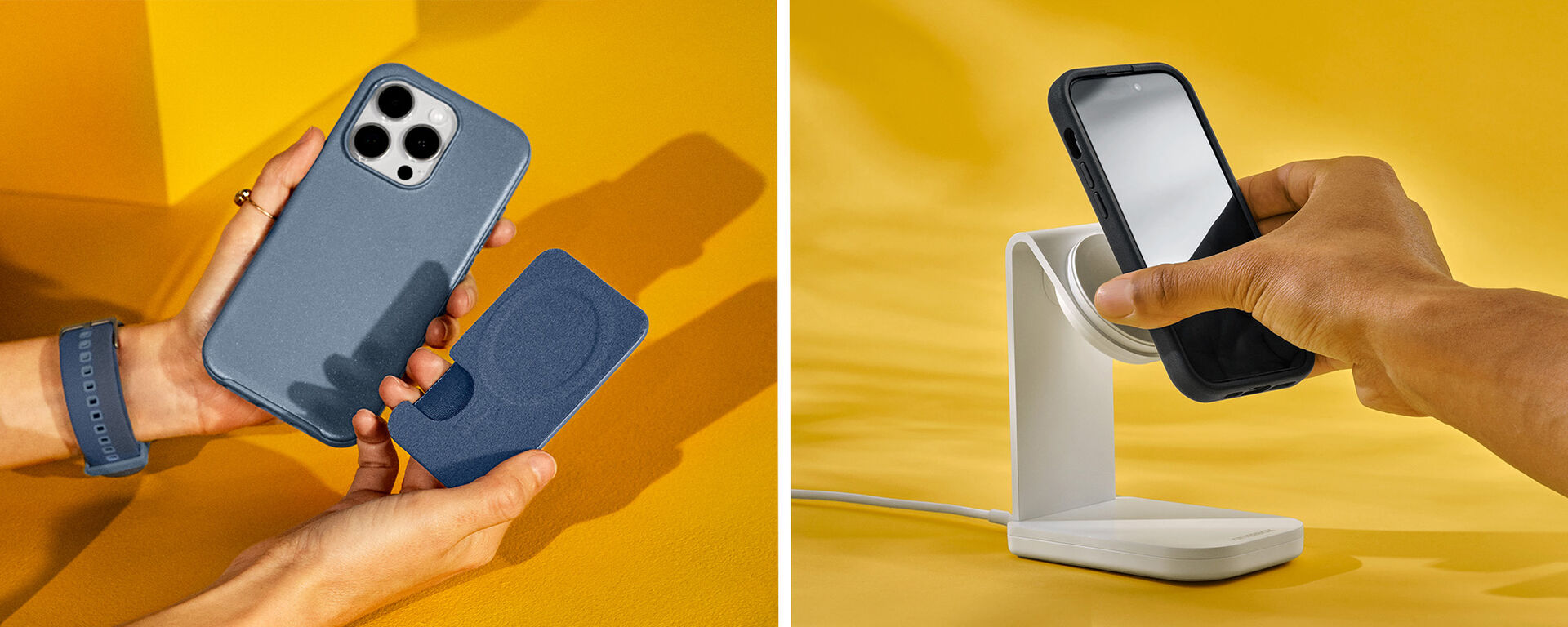 blue MagSafe wallet and white MagSafe wireless charger