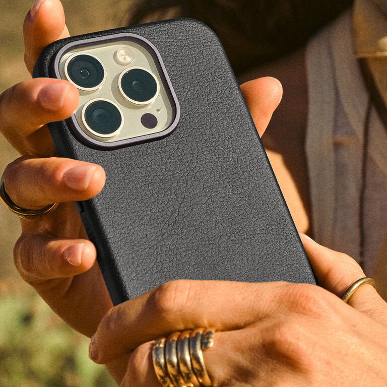 OtterBox black cactus leather case on iphone 15