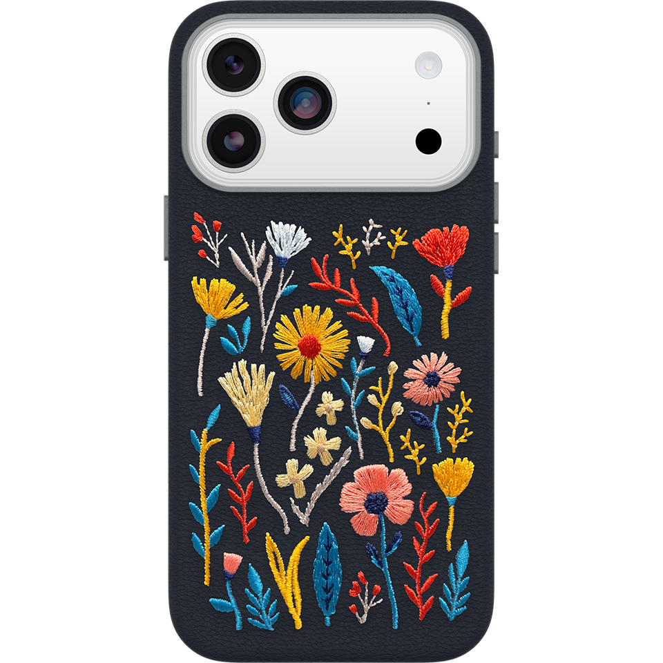 Blue Flower Faux leather Embroidery iPhone 17 Pro Max case 
